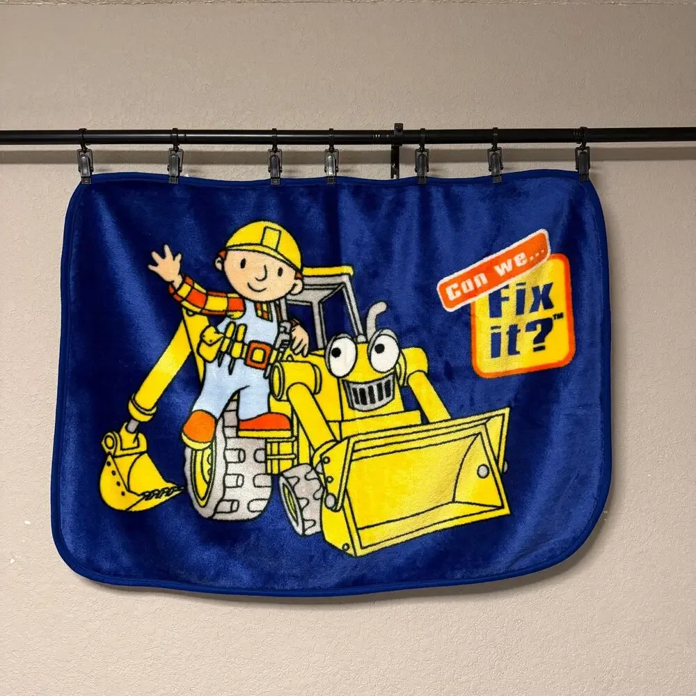 Vtg Y2K Bob the Builder Can we Fix it? plush toddler blanket - Blue digger 42x30